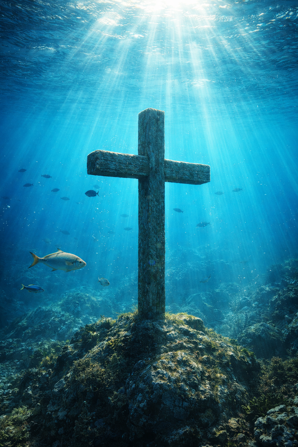 Stone cross submerged underwater in crystal clear blue ocean, sunlight rays streaming down from the surface creating divine light columns, small fish swimming nearby -- underwater cross HD wallpaper